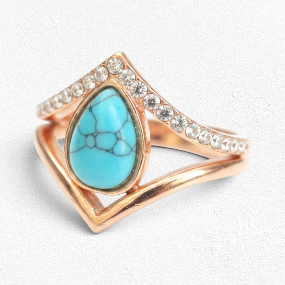 Boutique Turquoise Teardrop V Shape 2 Piece Rose Gold Tone Ring Size 6 NIB